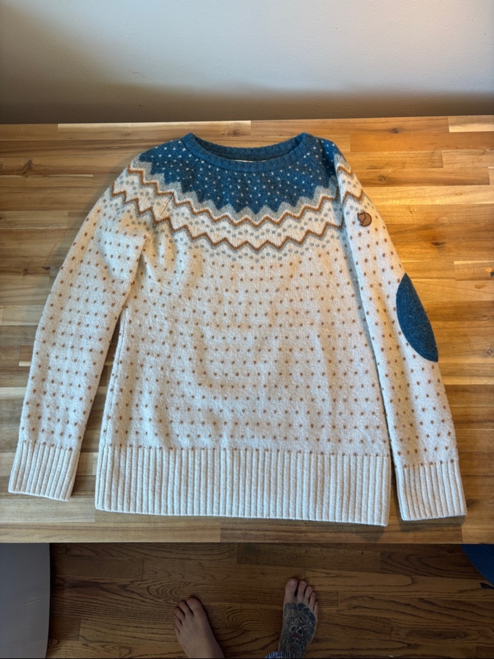 Fjallraven Cream Fair Isle Crewneck with Blue Yoke